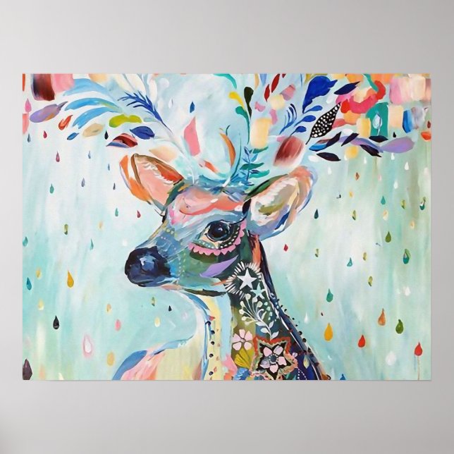 Poster Pretty Modern Deer Art Flower Antlers (Devant)