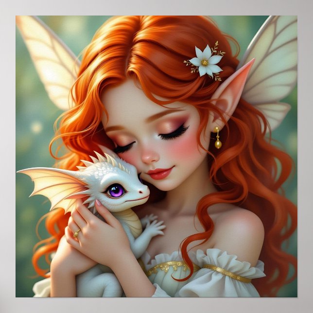 Poster Pretty Red Haired Fairy with Dragon (Devant)