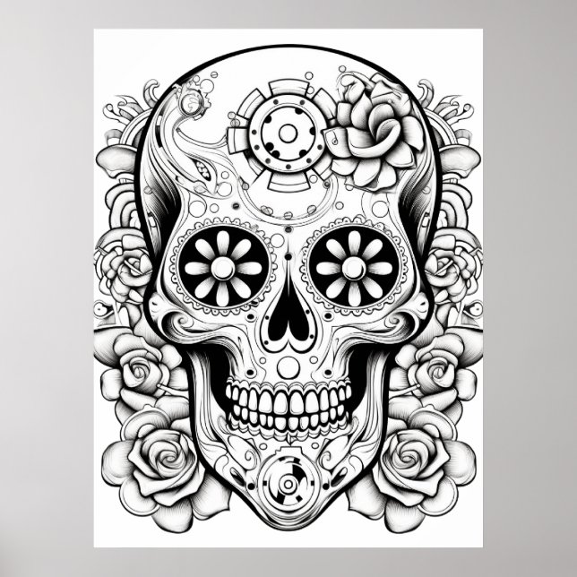 Poster Pretty Sugar Skull Image Black + White Art on Wall (Devant)