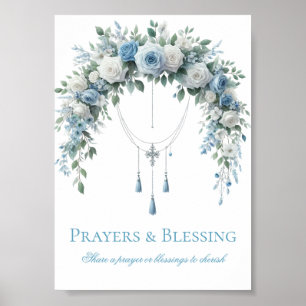 Poster Prière de baptême Rose Bleue & Croix d'Argent