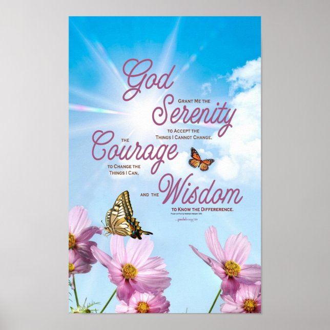 Poster Prière de sérénité : Papillons, Fleurs roses, Stre (Devant)