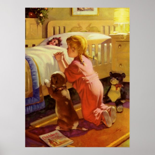 Poster Prières au coucher, Fille avec chiot, Religion Vin (Devant)