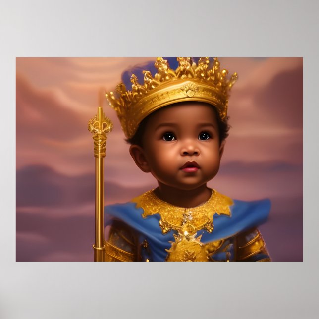 Poster Prince Afro-Américain bébé garçon mignon or bleu (Devant)