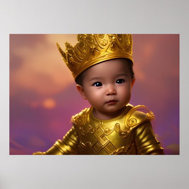 Poster Prince mignon bébé garçon or couronne bleu ethniqu (Devant)