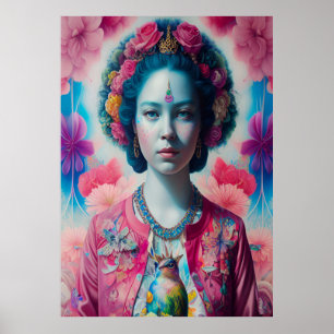 Poster princesse aux fleurs bleues avec veste rose