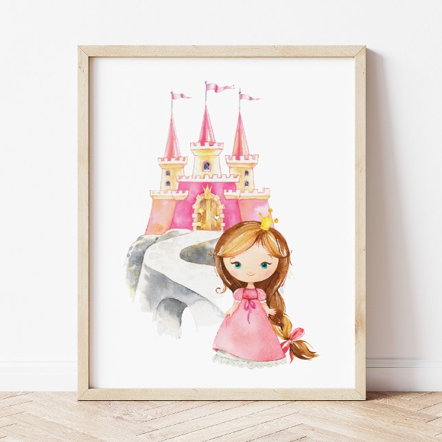 Poster Princesse, Cheveux Bruns, Château, Couronne, Chamb (Créateur téléchargé)