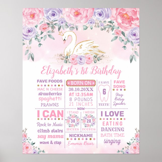 Poster Princesse Cygne Rose Violet 1er Anniversaire Étape (Devant)