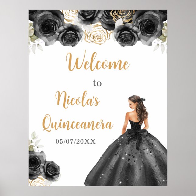 Poster Princesse en Robe Noire Quinceanera Bienvenue (Devant)