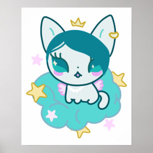 Poster Princesse kawaii chaton avec ailes et couronne