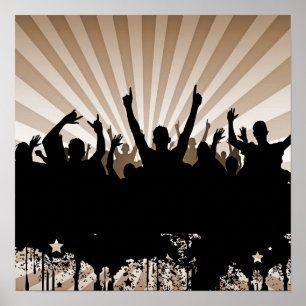 POSTER/PRINT Grunge Party Crowd Silhouette Orange Poster
