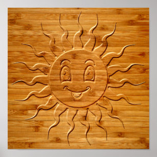 Poster Print Of Smiling Sun Face Carved In Wood