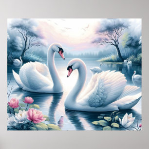 Poster Print - Schwäne in einem ruhigen Wasserlili