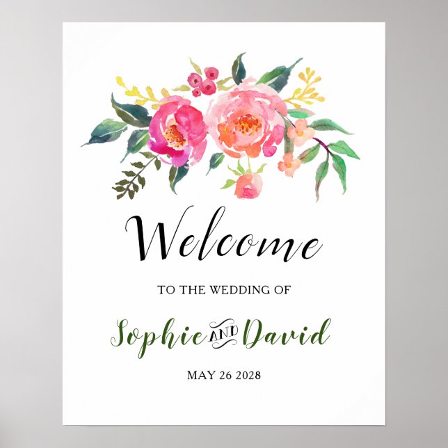 Poster Printemps Eté Aquarelle Florale Mariage Bienvenue (Devant)