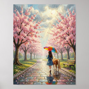 Poster Printemps - Fille au parapluie et poney dans un pa