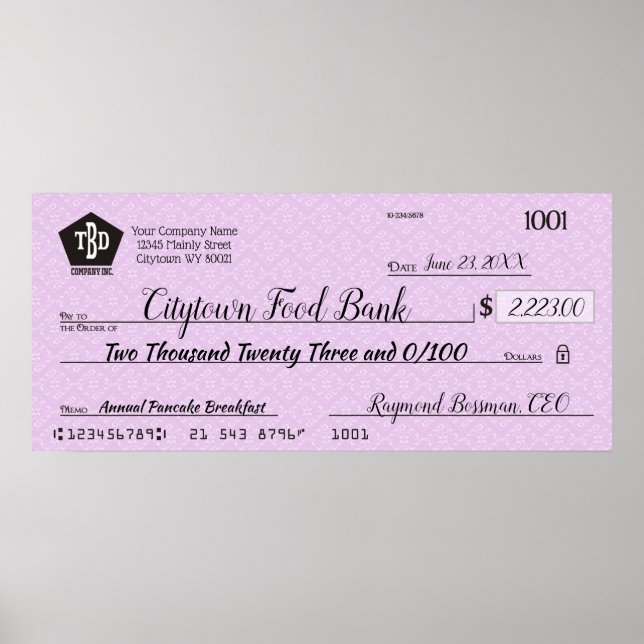 Poster Prix de la prime de charité pour chèque de fausse  (Devant)