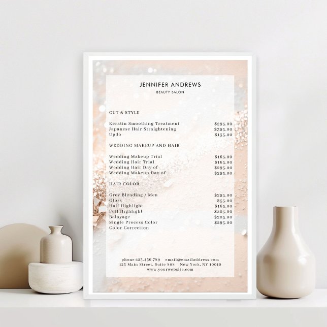 Poster Prix du Salon de Parties scintillant moderne (Modern Glitter Salon Price List Poster)