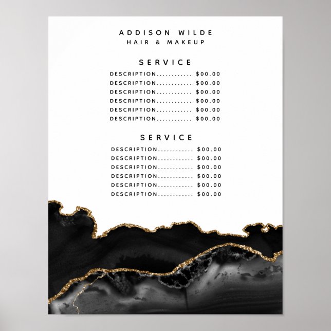 Poster Prix du service en marbre d'agate noir et or (Devant)