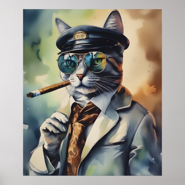Poster Professeur cool Cat Wall Art, Cigar Fumer Chat (Devant)