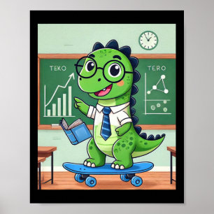 Poster Professeur dinosaure mignon faisant du skateboard 