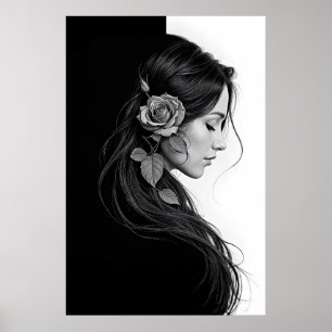 Poster Profil féminin artistique avec rose en monochrome