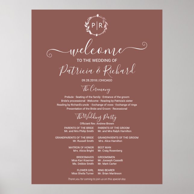 Poster Programme de cérémonie de mariage avec monogramme (Devant)