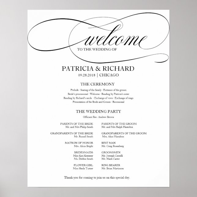 Poster Programme de cérémonie de mariage élégant écriture (Devant)