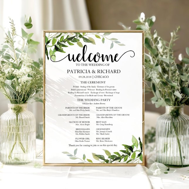 Poster Programme de cérémonie de mariage Elegant Greenery (Créateur téléchargé)