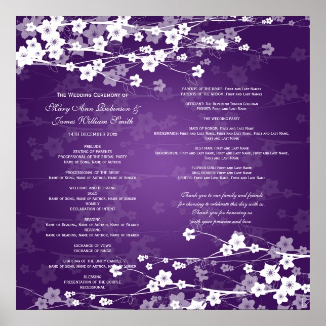 Poster Programme de mariage Cerisier Fleur pourpre pourpr (Devant)