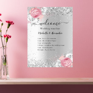 Poster Programme de mariage des fleurs roses argentées