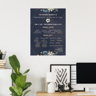 Poster Programme de mariage floral élégant de la Marine