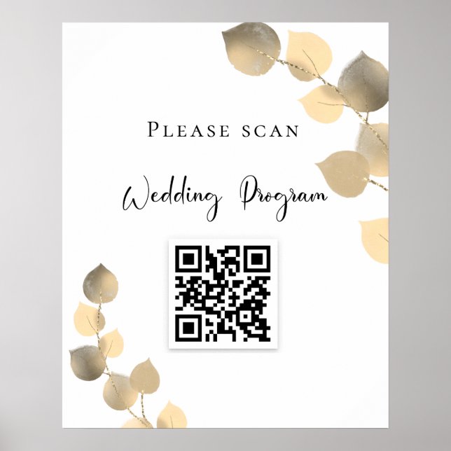 Poster Programme de mariage QR code eucalyptus or (Devant)