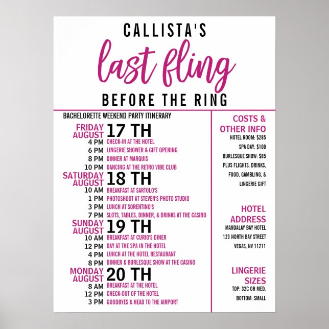 Poster Programme de soirée de bachelorette rose fille et  (Devant)