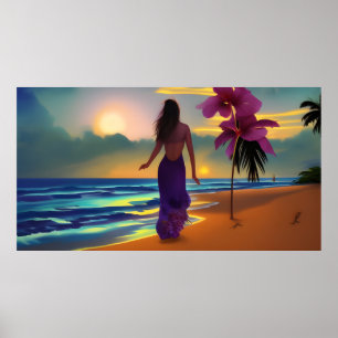 Poster Promenade au clair de lune sur la plage femme océa