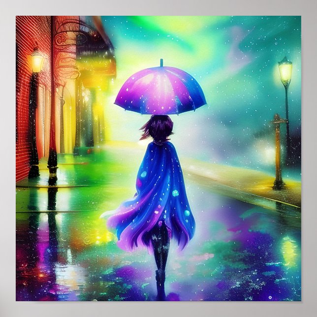 Poster Promenade colorée sous la pluie (Devant)