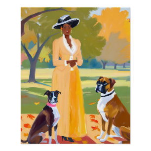 Poster Promenade d'automne : Une femme afro avec un chien