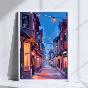Poster Promenade de minuit Peinture aquarelle de rue de