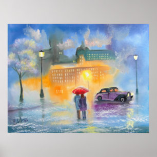 Poster Promenade romantique de couples de parapluie rouge