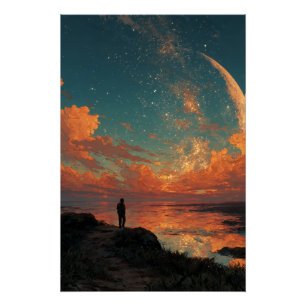 Poster Promeneur sous un gigantesque croissant de lune