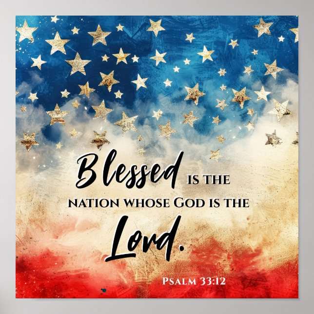 Poster Psaume 33:12 Béni est la Nation USA Drapeau Bible (Devant)