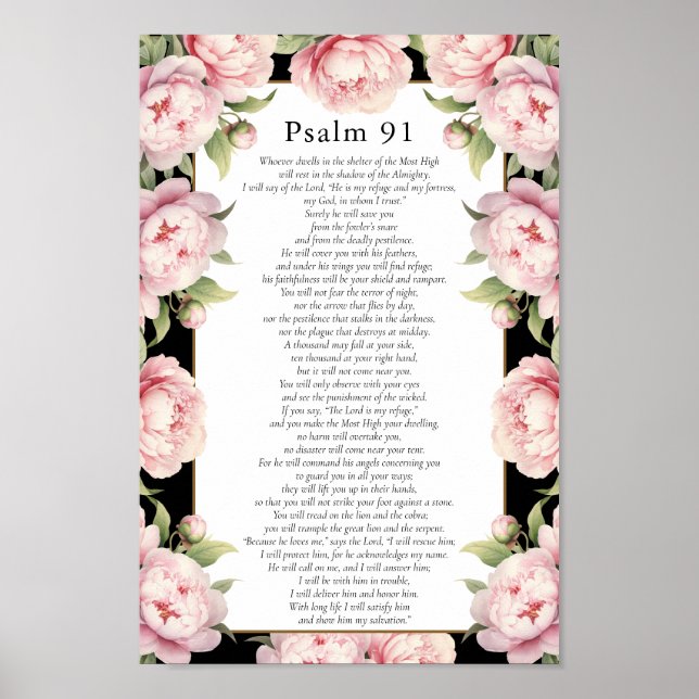 Poster Psaume 91 Écriture Bible Verse Floral Blush Noir (Devant)