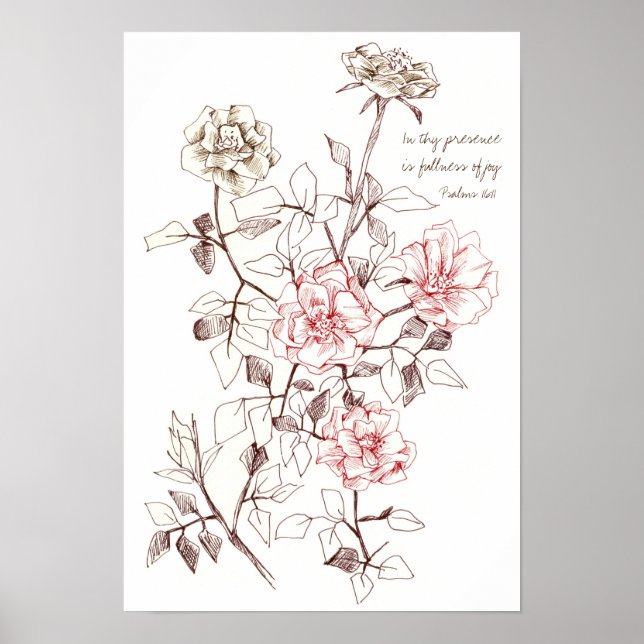 Poster Psaumes 16:11 Écriture Bible Verse Fleurs Roses (Devant)