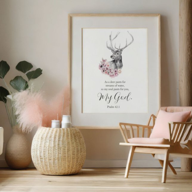 Poster Psaumes Aquarelle Cerf aux fleurs (Psalms Watercolor Deer with Flowers Poster)