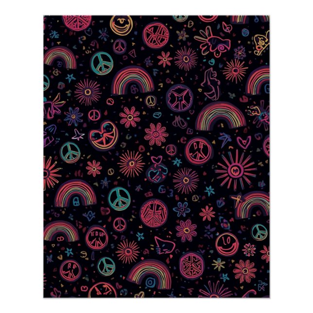 Poster Psychedelic 70s Wall Art | Neon Daisies & Electric (Devant)