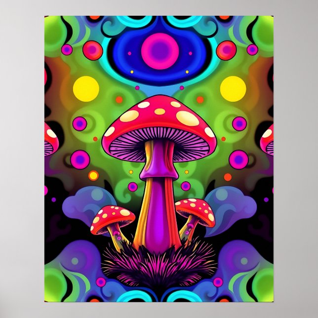 Poster Psychedelic Vibrant Colorful Retro Mushrooms (Devant)