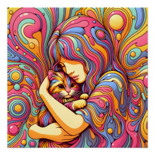 Poster Psychédélique Fille et chat