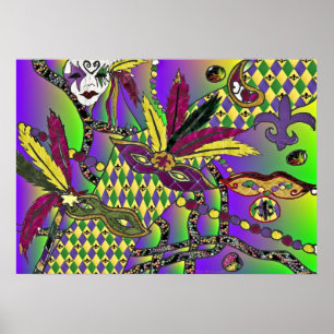 Poster Psychédélique Mardi Gras Masques En Plumes Imprime