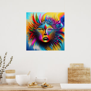 Poster Psychédélique Soleil Face Boho Trippy Abstrait