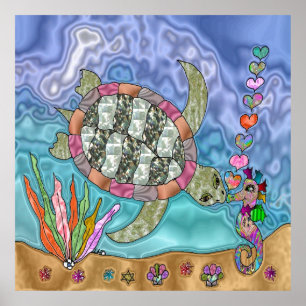 Poster Psychédélique Tortue de mer Cheval Art Carrelage e
