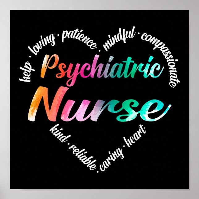 Poster Psychiatrique Infirmière Coeur Mot Nuage Aquarelle (Devant)