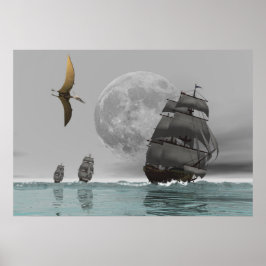Poster Pteranodon les navires et l'affiche de la lune
